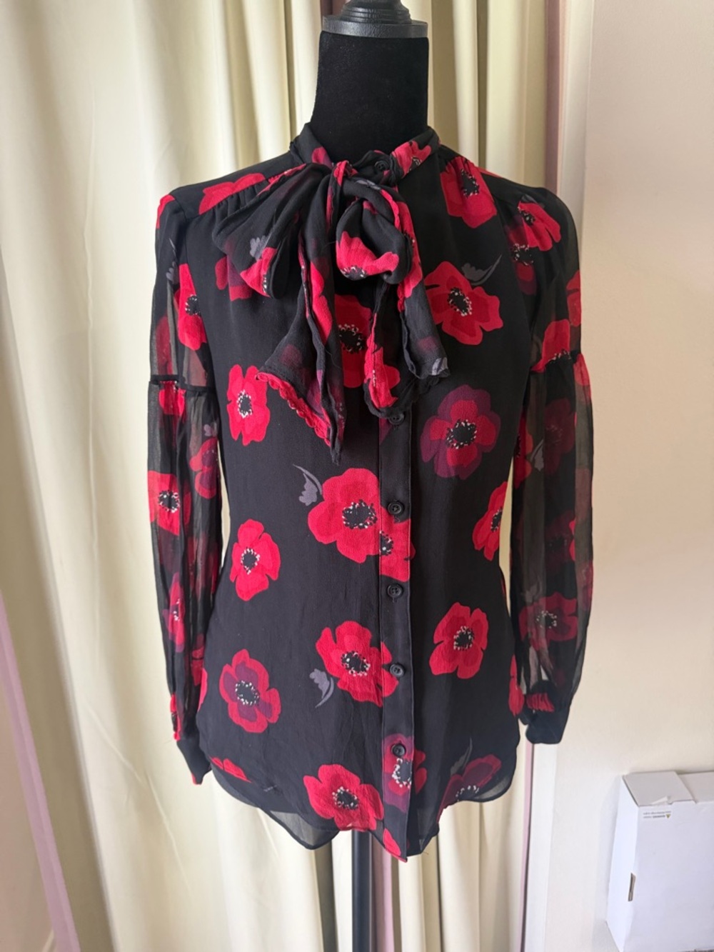 kate spade Black Blouse with Red Floral Tie-Neck